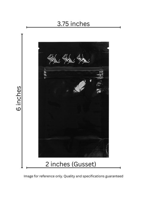 3.75x6+2 -inch gloss black child-resistant stand-up pouch with certified CR+ zipper. Designed for retail and odor barrier protection. Image for reference only. Quality and specifications guaranteed.