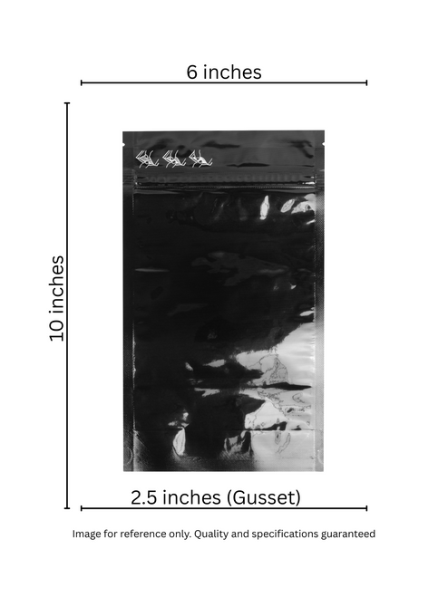 6x10+2.5-inch gloss black child-resistant stand-up pouch with certified CR+ zipper. Designed for retail and odor barrier protection. Image for reference only. Quality and specifications guaranteed.