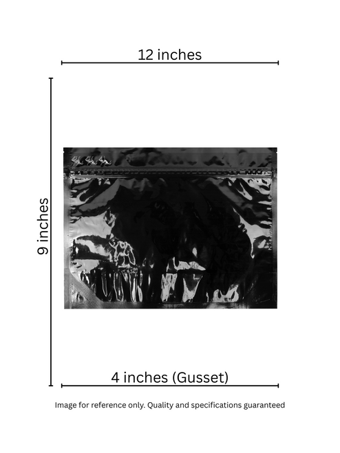 12 x 9 x 4inch gloss black child-resistant Exit Bag with certified CR+ zipper. Designed for retail and odor barrier protection. Image for reference only. Quality and specifications guaranteed.