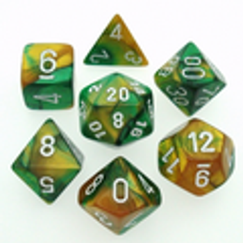 Gemini Gold-Green w/ White Polyhedral 7-Die Set