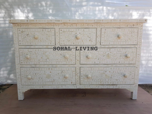 Bone Inlay Floral Chest of Drawers  - White