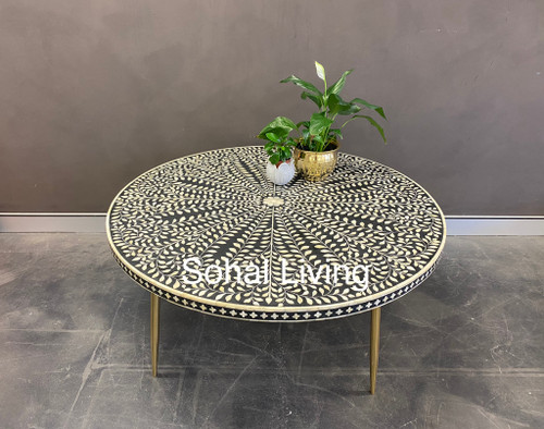 Bone Inlay floral Coffee table with Brass Legs