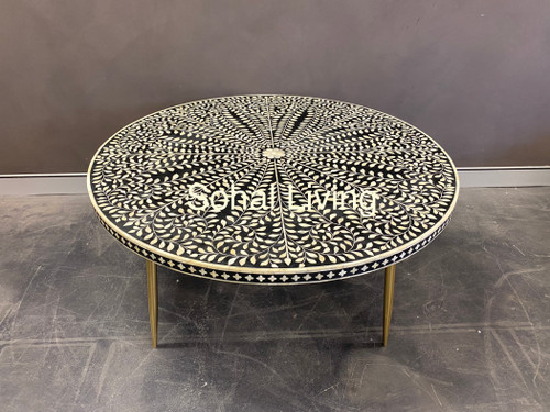 Bone Inlay floral Coffee table with Brass Legs
