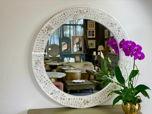 Mother of Pearl Inlay White Floral Mirror- 90cm