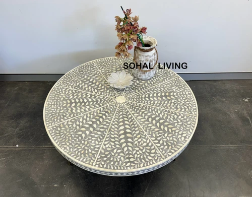 Bone Inlay Floral Coffee Table with Brass Legs - Grey 102cm