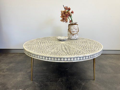 Bone Inlay Floral Coffee Table with Brass Legs - Grey 102cm