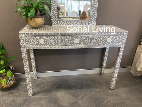 Mother of  Pearl Inlay Floral Console Table - Grey140cm