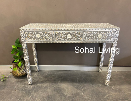 Mother of  Pearl Inlay Floral Console Table - Grey140cm