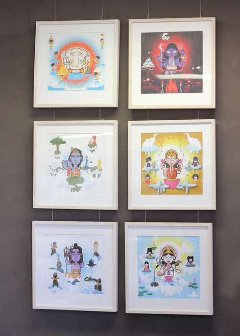 We have a collection of these Kitch version of Indian Gods and Goddesses, designed by some talented young graphic designers in India. These are copyrights of these designers.Very popular in India with the new generation.