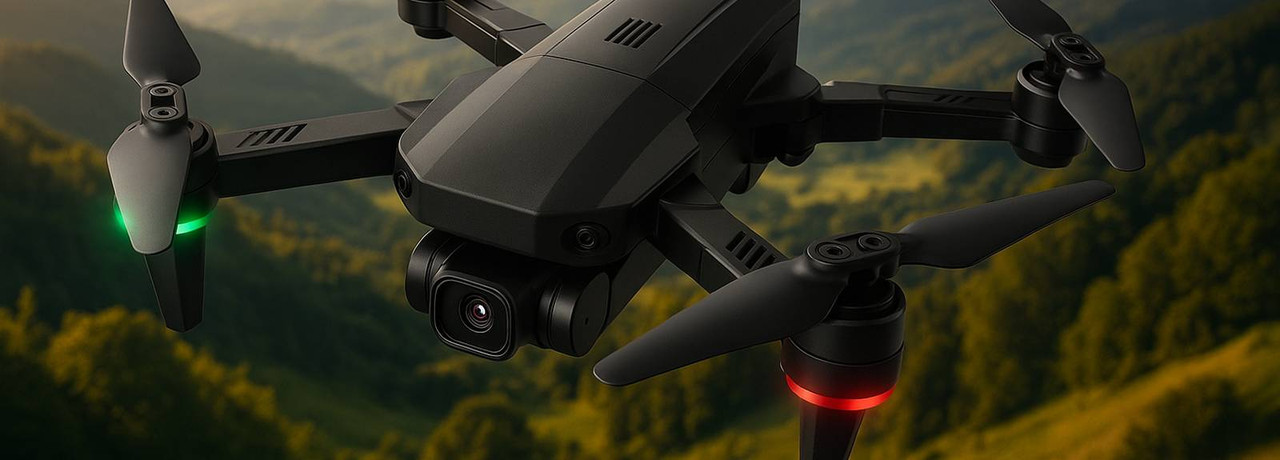 Drone hovering in forest