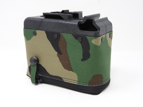 Tribe Tactical Supply BFM-100 Type 2 Nutsack Left Side Showing Zipper Snap in Woodland, M81 Camo.