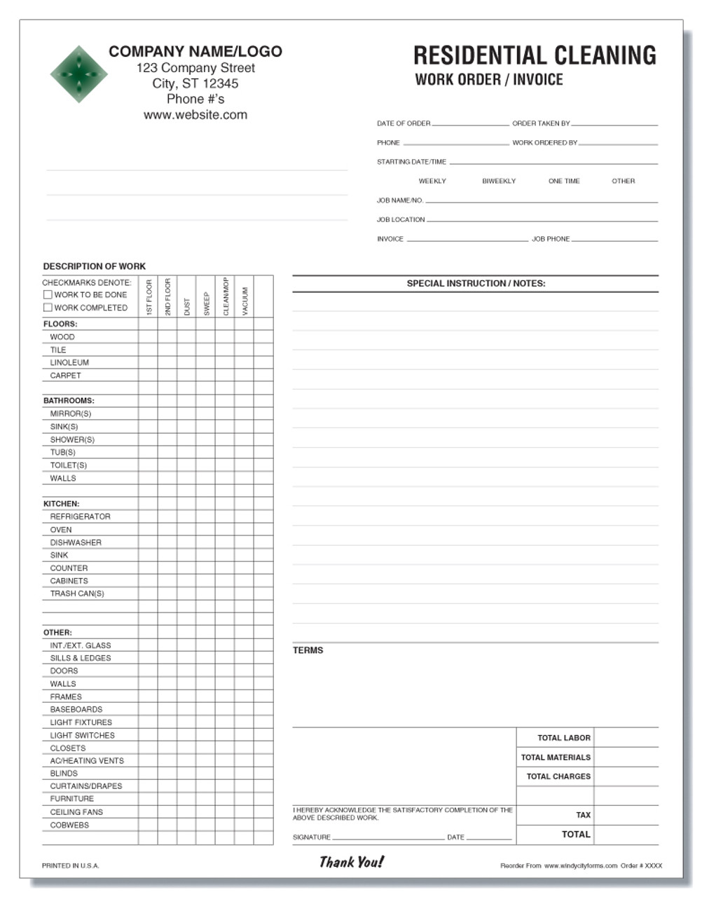 residential cleaning work orderinvoice windy city forms