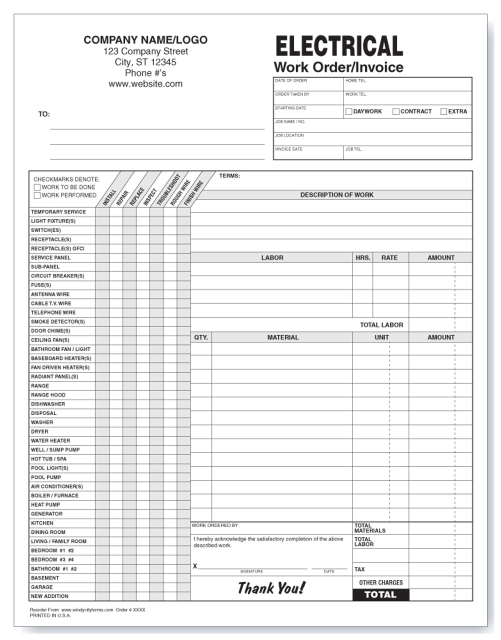 Electrical Work Order / Invoice Windy City Forms