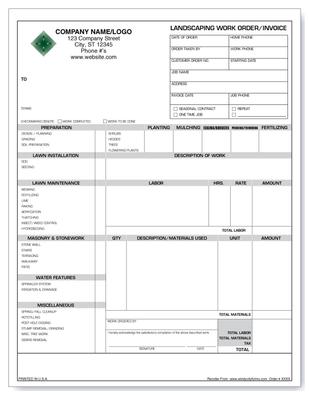 landscaping work orderinvoice version 1 windy city forms