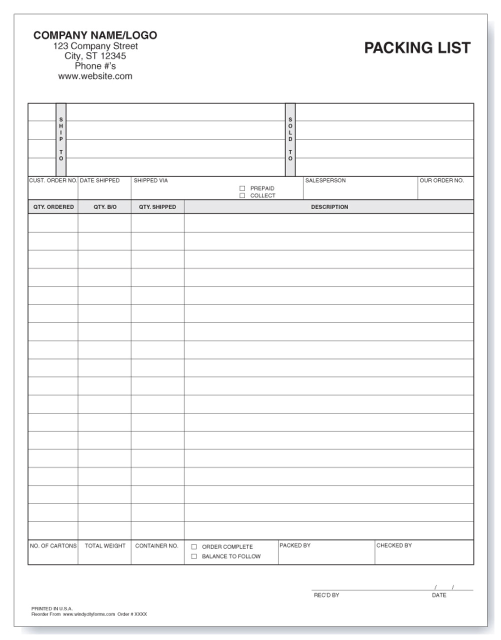 packing list windy city forms