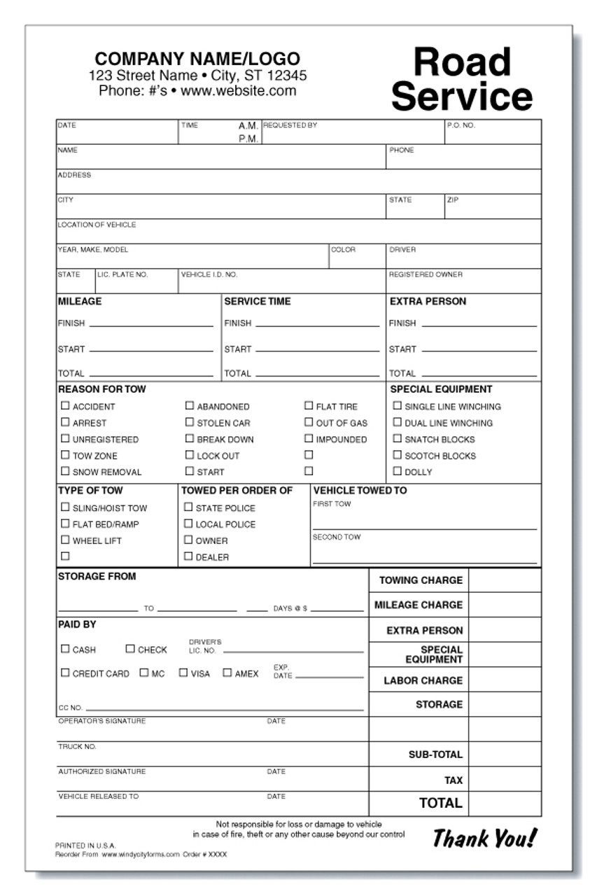 road servicetowing work orderinvoice windy city forms