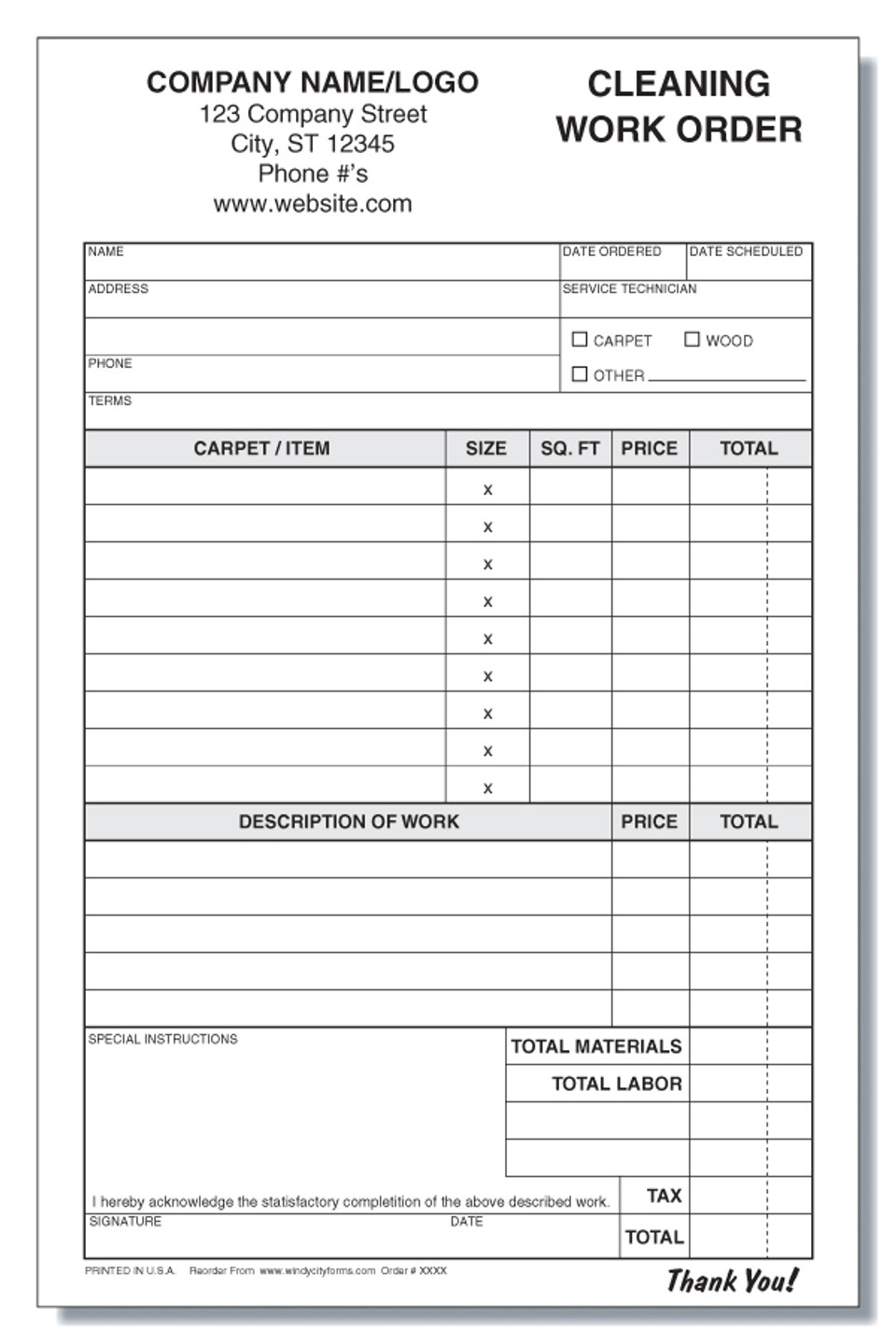 Cleaning Work Order Invoice 5 5 X 8 5 Windy City Forms