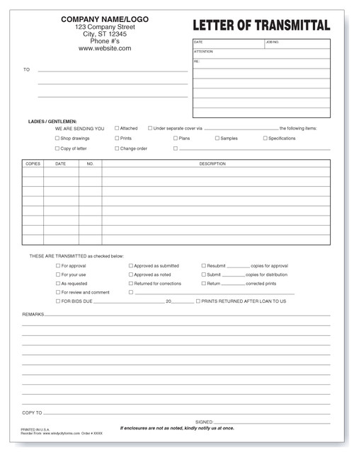 Letter of Transmittal - Windy City Forms