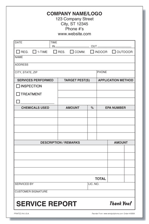 Pest Control Service Report Invoice Windy City Forms