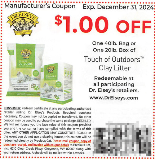 DR. ELSEY'S TOUCH OF OUTDOORS CAT LITTER 40LB BAG OR 20LB BOX, ANY $1.00/1 EXP - 12/31/24