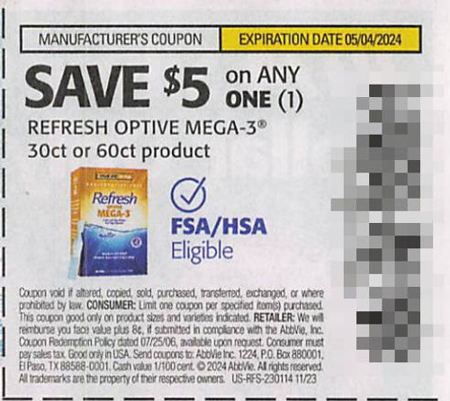 *EXPIRED* REFRESH OPTIVE MEGA-3 30CT OR 60CT PRODUCT, ANY $5.00/1 EXP - 05/04/24