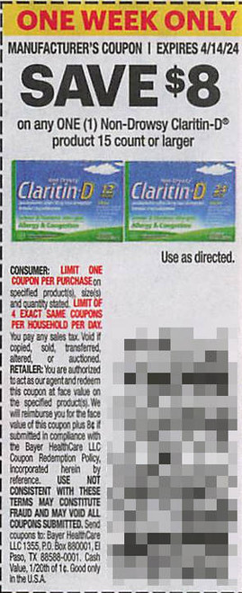 *EXPIRED* CLARITIN-D NON-DROWSY PRODUCT 15CT OR LARGER, ANY $8.00/1 EXP - 04/14/24