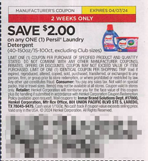 *EXPIRED* PERSIL LAUNDRY DETERGENT 40-150 OZ/15-100CT (EXCLUDING CLUB SIZES), ANY $2.00/1 EXP - 04/07/24