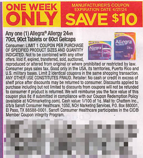 *EXPIRED* ALLEGRA ALLERGY 24HR 70CT, 90CT TABLETS OR 60CT GELCAPS, ANY $10.00/1 EXP - 04/27/24