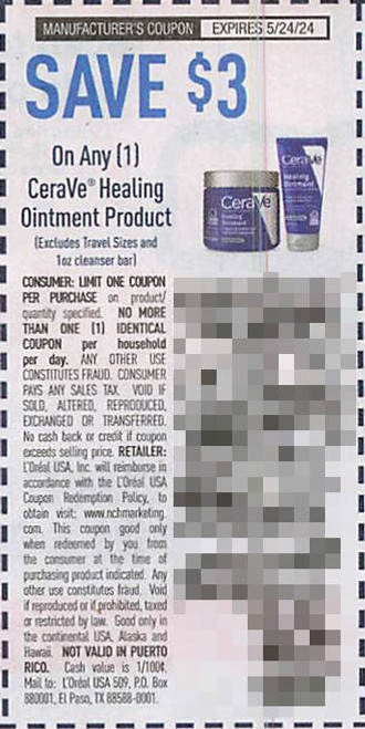 CERAVE HEALING OINTMENT PRODUCT (EXCLUDING TRAVEL SIZES AND 1 OZ CLEANSER BAR), ANY $3.00/1 EXP - 05/24/24