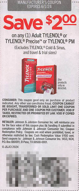 *EXPIRED* TYLENOL ADULT, TYLENOL PRECISE OR TYLENOL PM (EXCLUDING TYLENOL COLD & SINUS, AND TRIAL/TRAVEL SIZES), ANY $2.00/1 EXP - 06/01/24