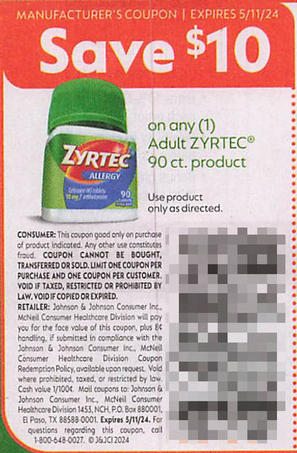 ZYRTEC ADULT PRODUCT 90CT, ANY $10.00/1 EXP - 05/11/24