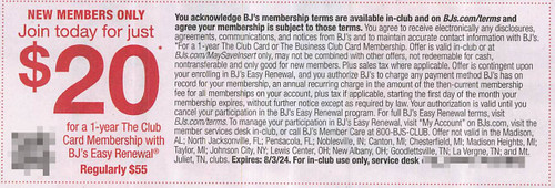 *BJS COUPON* BJ'S THE CLUB CARD 1-YEAR MEMBERSHIP FOR $20 (REGULARLY $55) (NEW MEMEBERS ONLY), ANY $20/1 EXP - 08/03/24