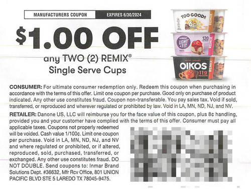 DANNON REMIX SINGLE SERVE CUPS, ANY TWO $1.00/2 EXP - 06/30/24