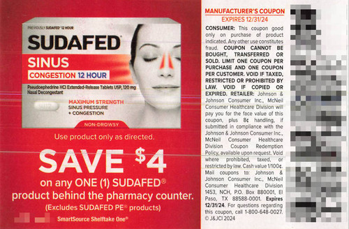 SUDAFED PRODUCT (EXCLUDING SUDAFED PE PRODUCTS), ANY $4.00/1 EXP - 12/31/24