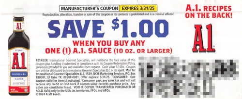 A.1. SAUCE 10 OZ OR LARGER, ANY $1.00/1 EXP - 03/31/25