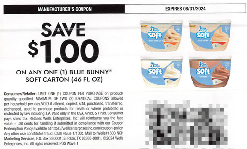 BLUE BUNNY SOFT CARTON 46 FL OZ, ANY $1.00/1 EXP - 08/31/24