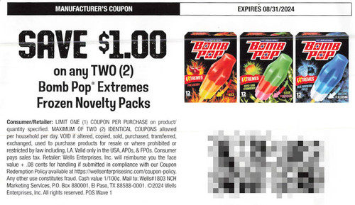 BOMB POP EXTREMES FROZEN NOVELTY PACKS, ANY TWO $1.00/2 EXP - 08/31/24