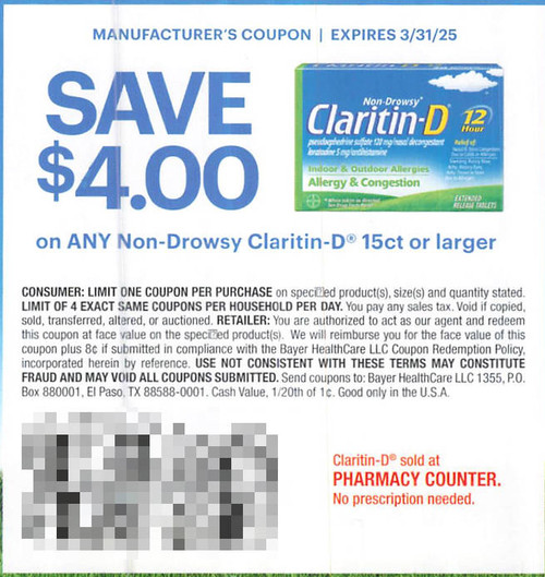 CLARITIN-D NON-DROWSY PRODUCT 15CT OR LARGER, ANY $4.00/1 EXP - 03/31/25