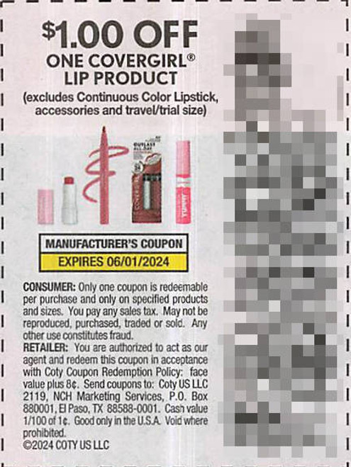 *EXPIRED* COVERGIRL LIP PRODUCT (EXCLUDING CONTINUOUS COLOR LIPSTICK, ACCESSORIES AND TRIAL/TRAVEL SIZE), ANY $1.00/1 EXP - 06/01/24