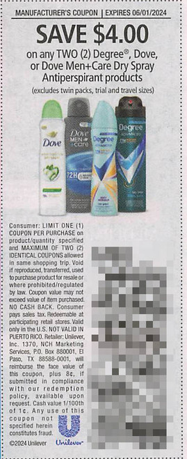 *EXPIRED* DEGREE, DOVE, OR DOVE MEN+CARE DRY SPRAY ANTIPERSPIRANT PRODUCTS (EXCLUDING TWIN PACKS, TRIAL/TRAVEL SIZES), ANY TWO $4.00/2 EXP - 06/01/24