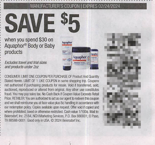 *EXPIRED* AQUAPHOR BODY OR BABY PRODUCTS SAVE $5 WYS $30 (EXCLUDING TRIAL/TRAVEL SIZES AND PRODUCTS UNDER 2 OZ), ANY $5/$30 EXP - 02/24/24