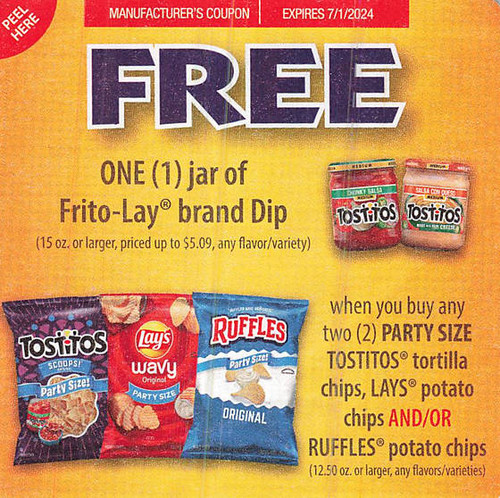 FRITO-LAY FREE JAR OF FRITO-LAY DIP 15 OZ OR LARGER WYB TWO PARTY SIZE TOSTITOS TORTILLA CHIPS, LAYS POTATO CHIPS AND/OR RUFFLES POTATO CHIPS 12.5 OZ OR LARGER (UP TO $5.09), ANY B2G1 FREE EXP - 07/01/24