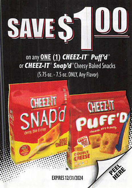 CHEEZ-IT PUFF'D OR CHEEZ-IT SNAP'D CHEEZY BAKED SNACKS 5.75 OZ - 7.5 OZ ONLY (DND), ANY $1.00/1 EXP - 12/31/24