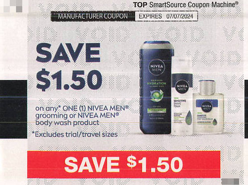 NIVEA MEN GROOMING OR NIVEA MEN BODY WASH PRODUCT (EXCLUDING TRIAL/TRAVEL SIZES), ANY $1.50/1 EXP - 07/07/24
