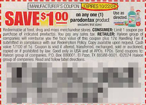 PARODONTAX PRODUCT (EXCLUDING TRIAL SIZE), ANY $1.00/1 EXP - 10/22/24