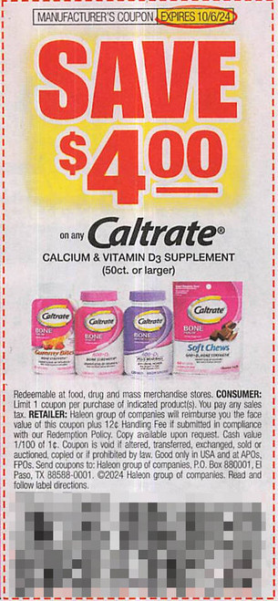 CALTRATE CALCIUM & VITAMIN D3 SUPPLEMENT 50CT OR LARGER, ANY $4.00/1 EXP - 10/06/24