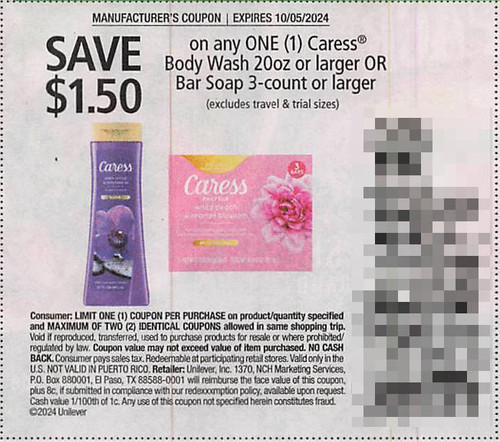 CARESS BODY WASH 20 OZ OR LARGER OR BAR SOAP 3CT OR LARGER (EXCLUDING TRIAL/TRAVEL SIZE), ANY $1.50/1 EXP - 10/05/24