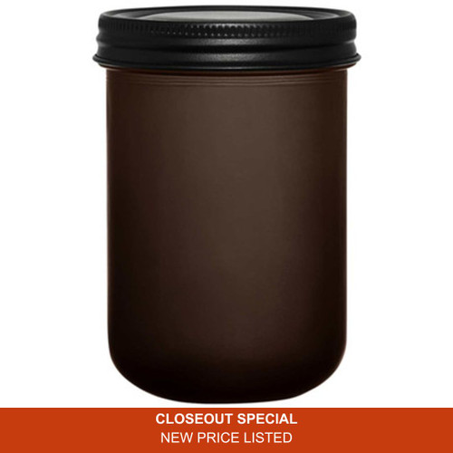 16 oz Toledo Glass Jar Frosted Dark Amber 86/460 Thread with Black Metal Lid