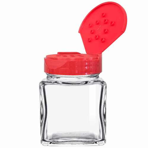 3.4 oz Square Glass Spice Jar with Red 10 Holes Dispensing Cap Open
