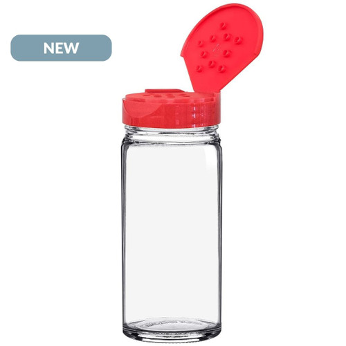 3.4 oz Round Glass Spice Jar with Red 10 Holes Dispensing Cap NEW